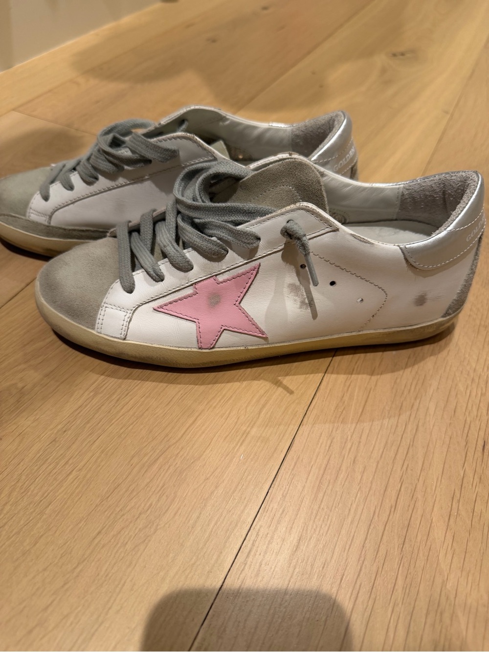 Golden Goose White Sneakers with Pink Star and Gray Accents